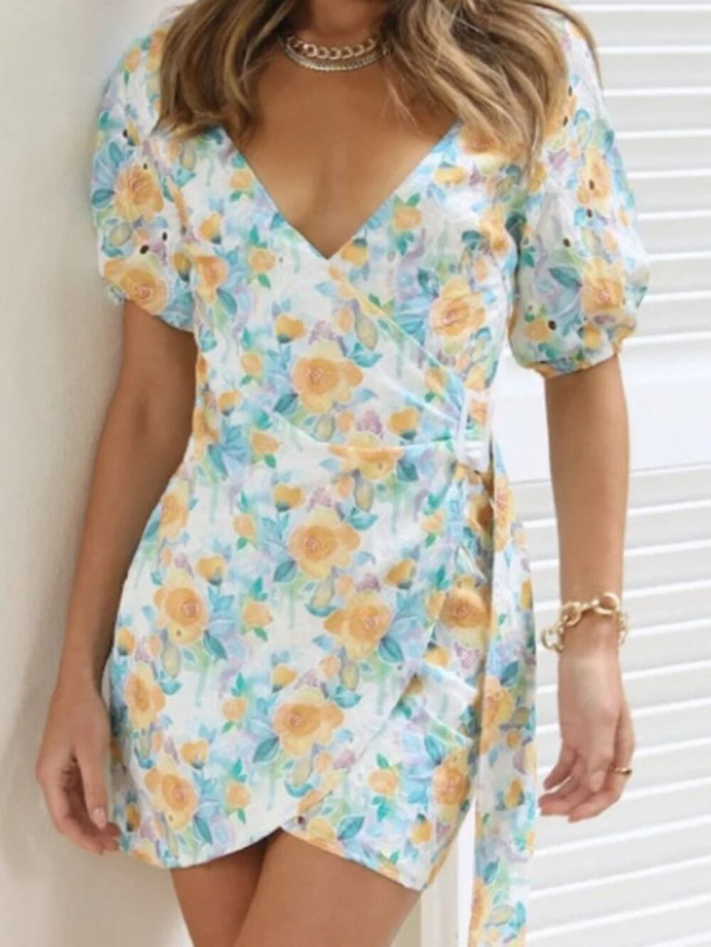 Hello Molly Yellow Floral Wrap Mini Dress with Teal Accents